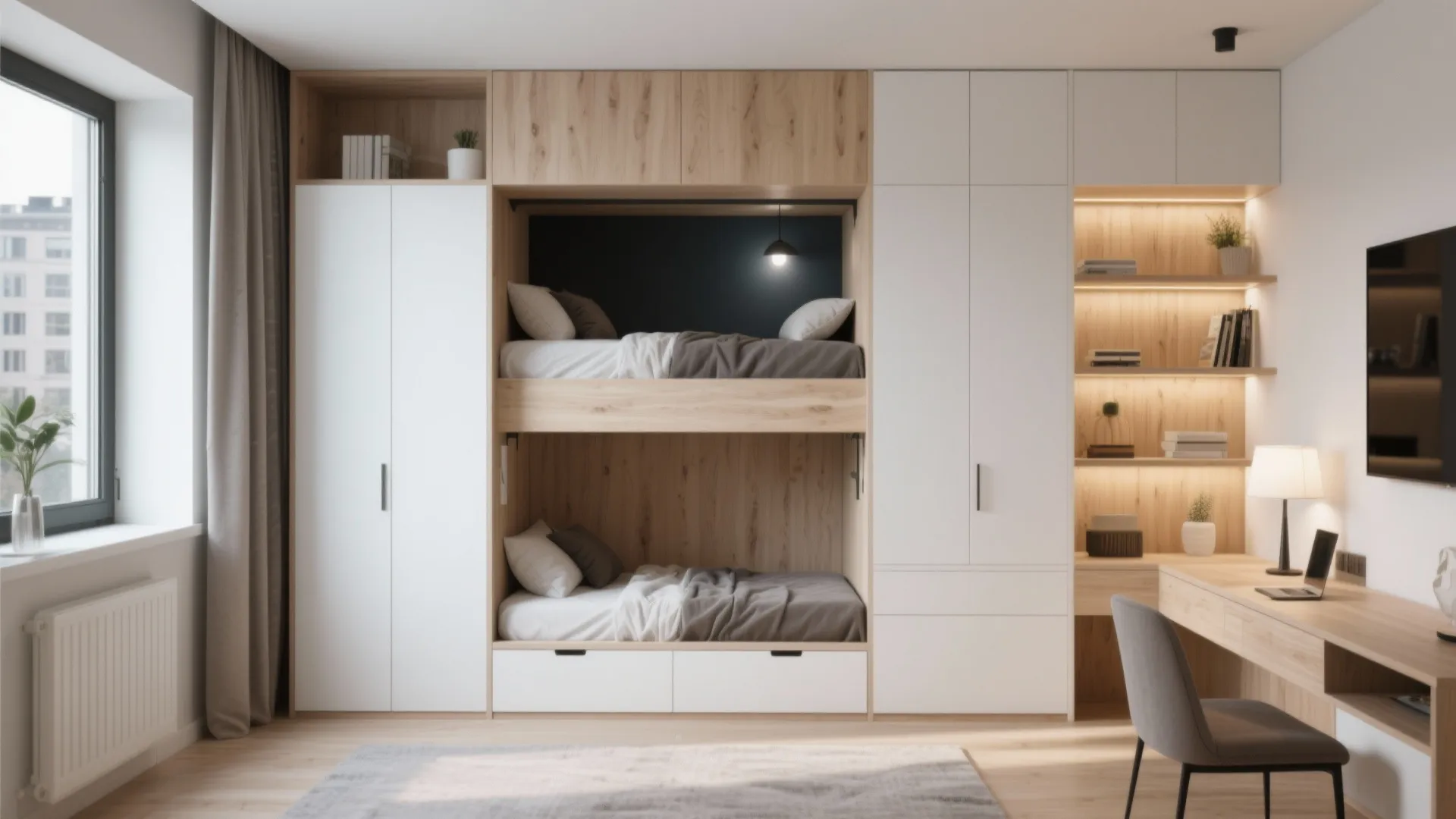 Modern bedroom with wooden bunk beds built into white cabinets next to wooden study desk