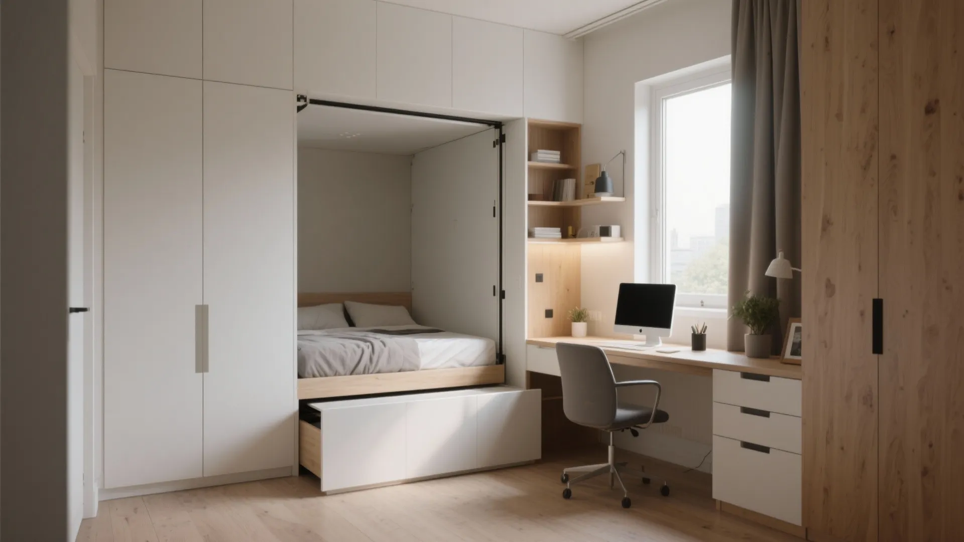 1. Murphy Bed with Built-in Desk