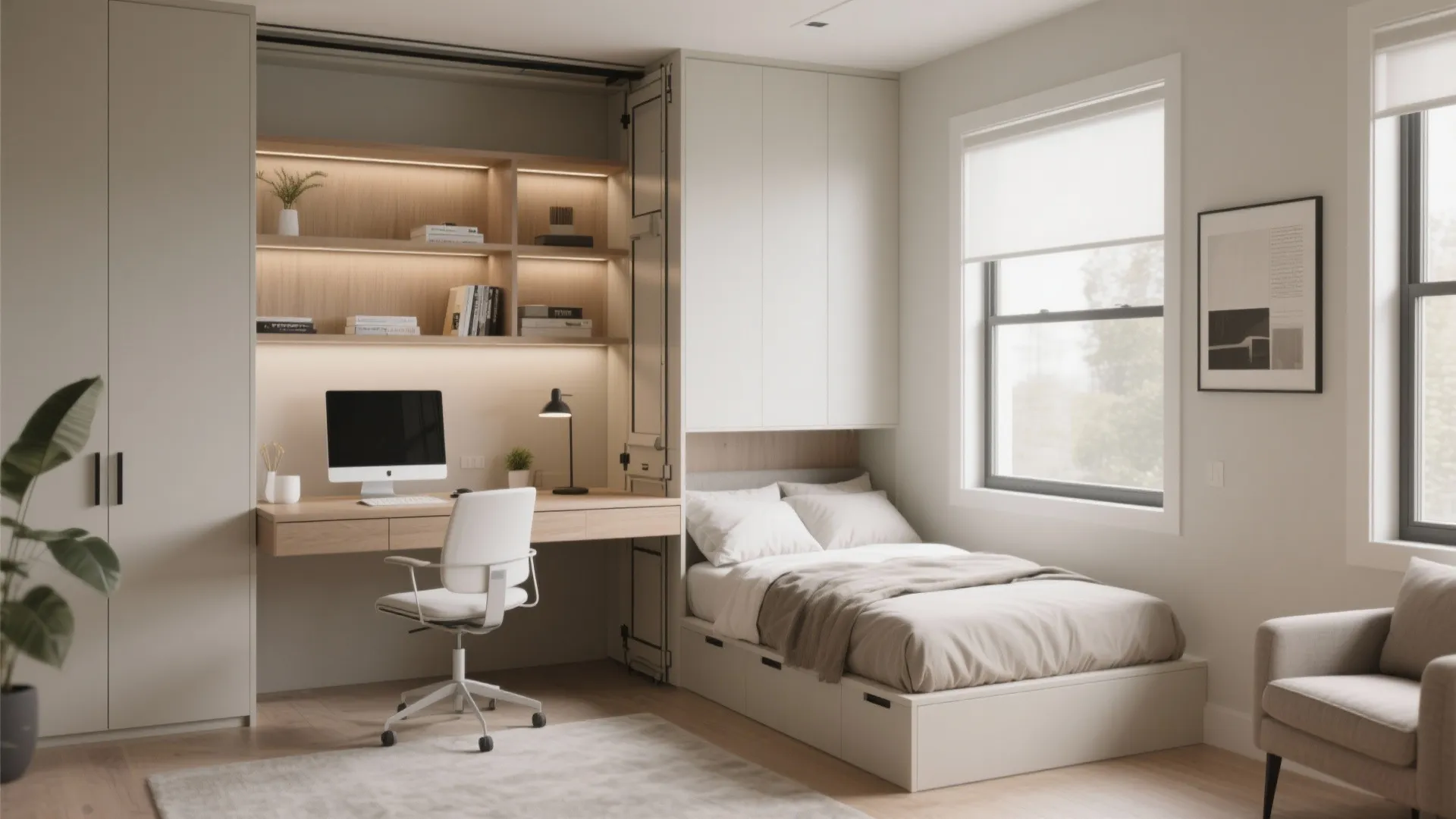 1. Wall Bed with Built-In Desk