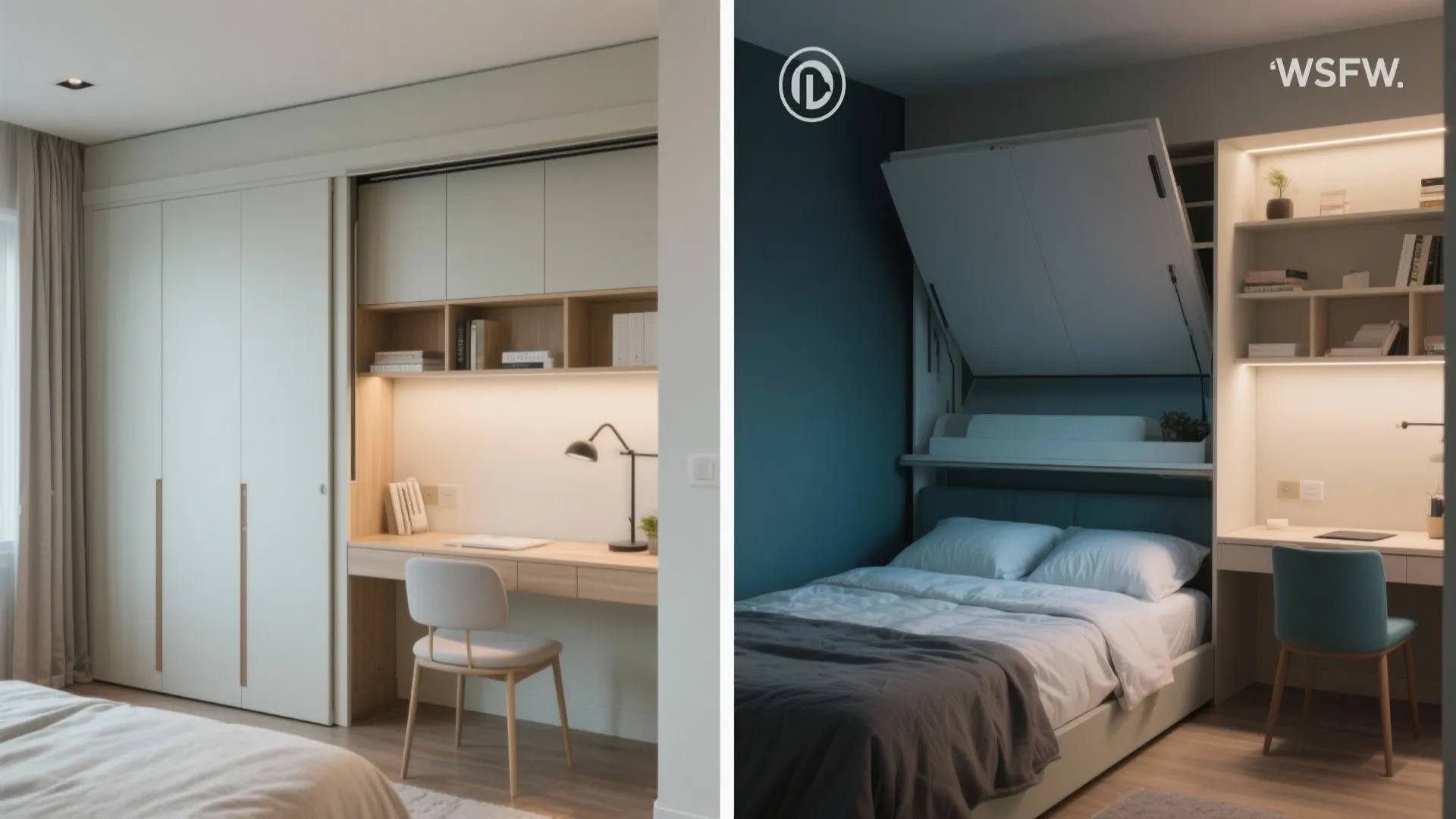 Comparison showing a home office desk transformed into a fold down bed for small spaces