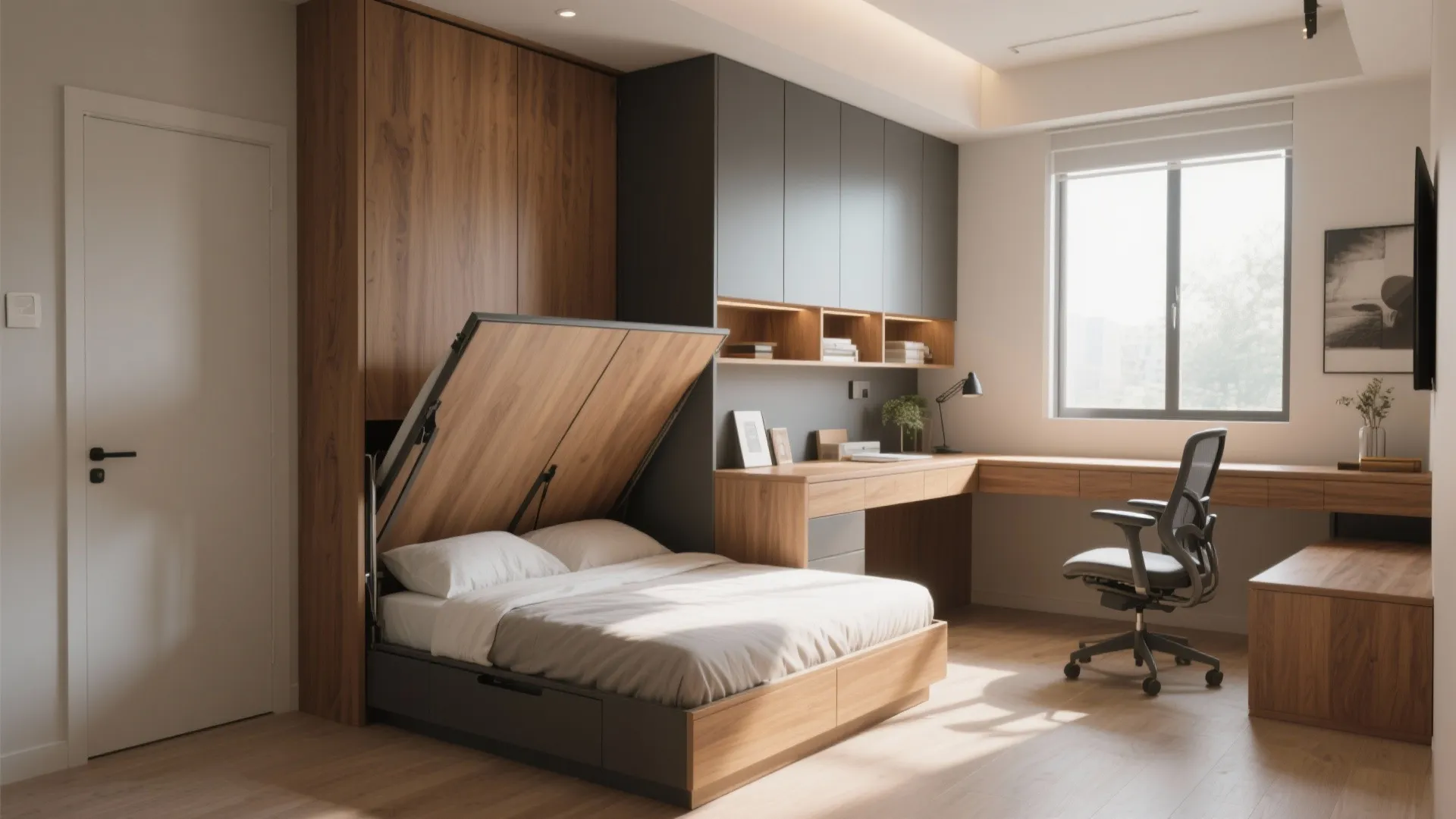 Murphy bed folded up with built-in desk in a compact room