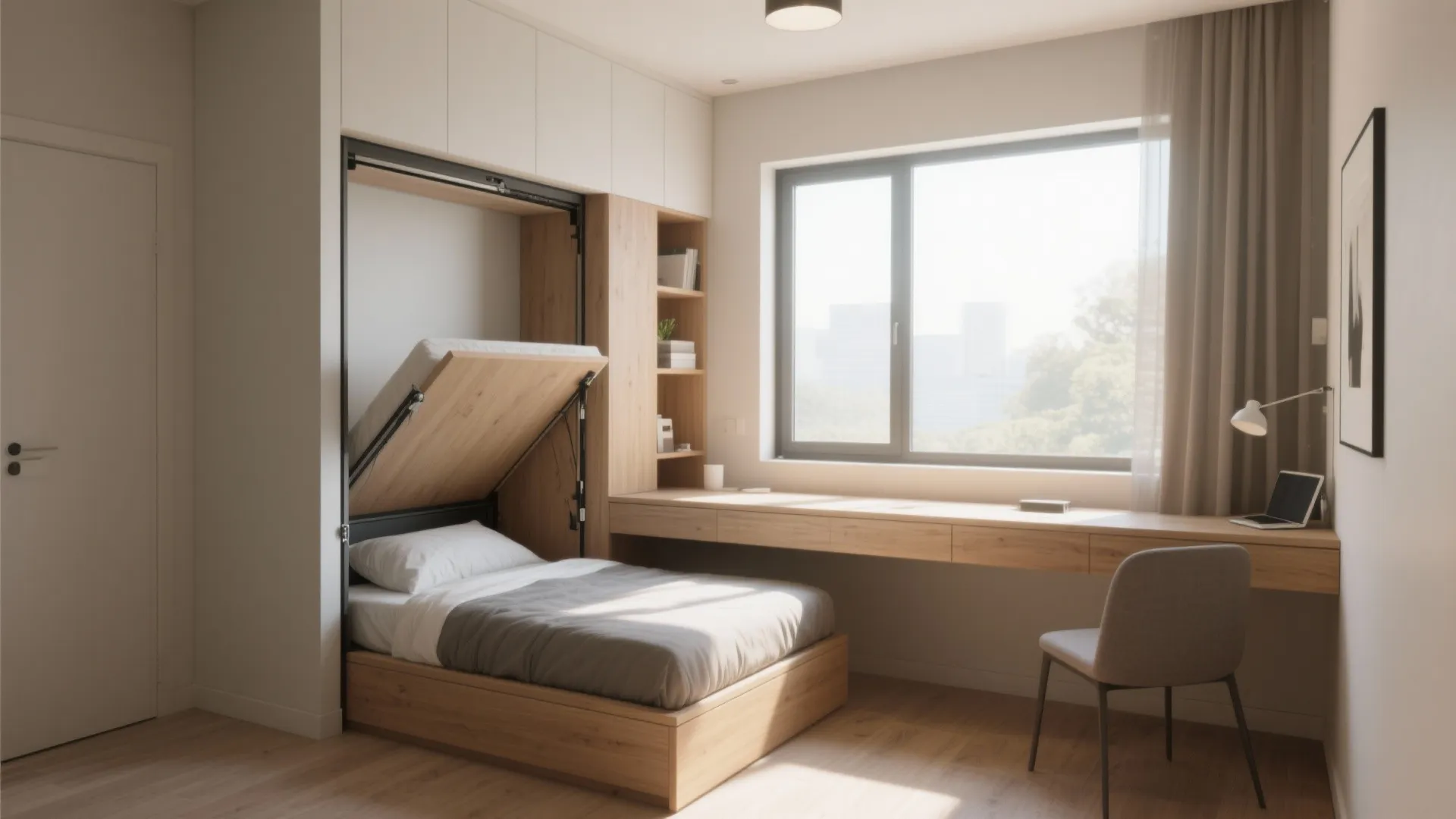 1. Murphy Bed with Built-In Desk