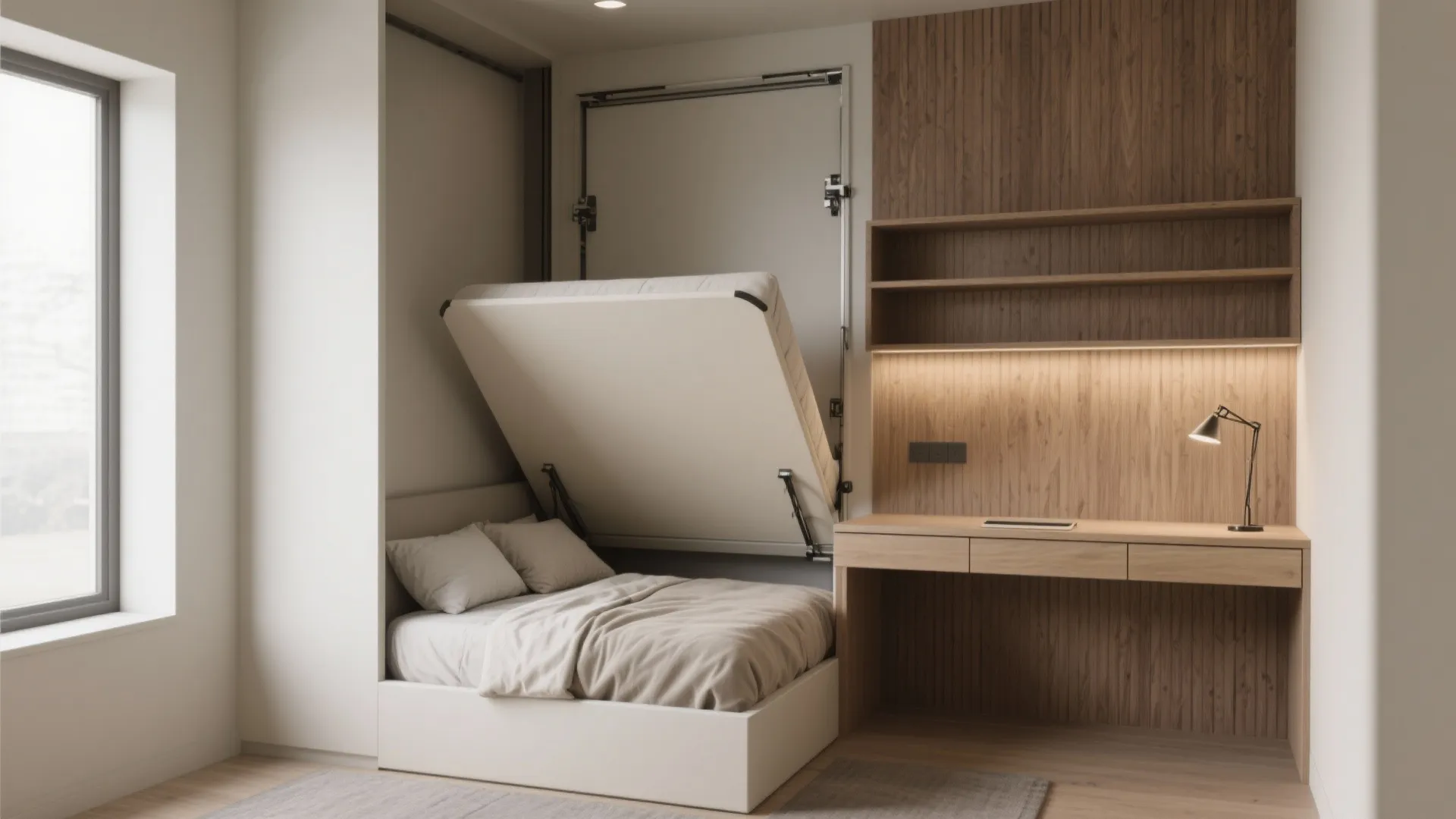 1. Guest room by night, office by day (Murphy bed + foldaway desk)