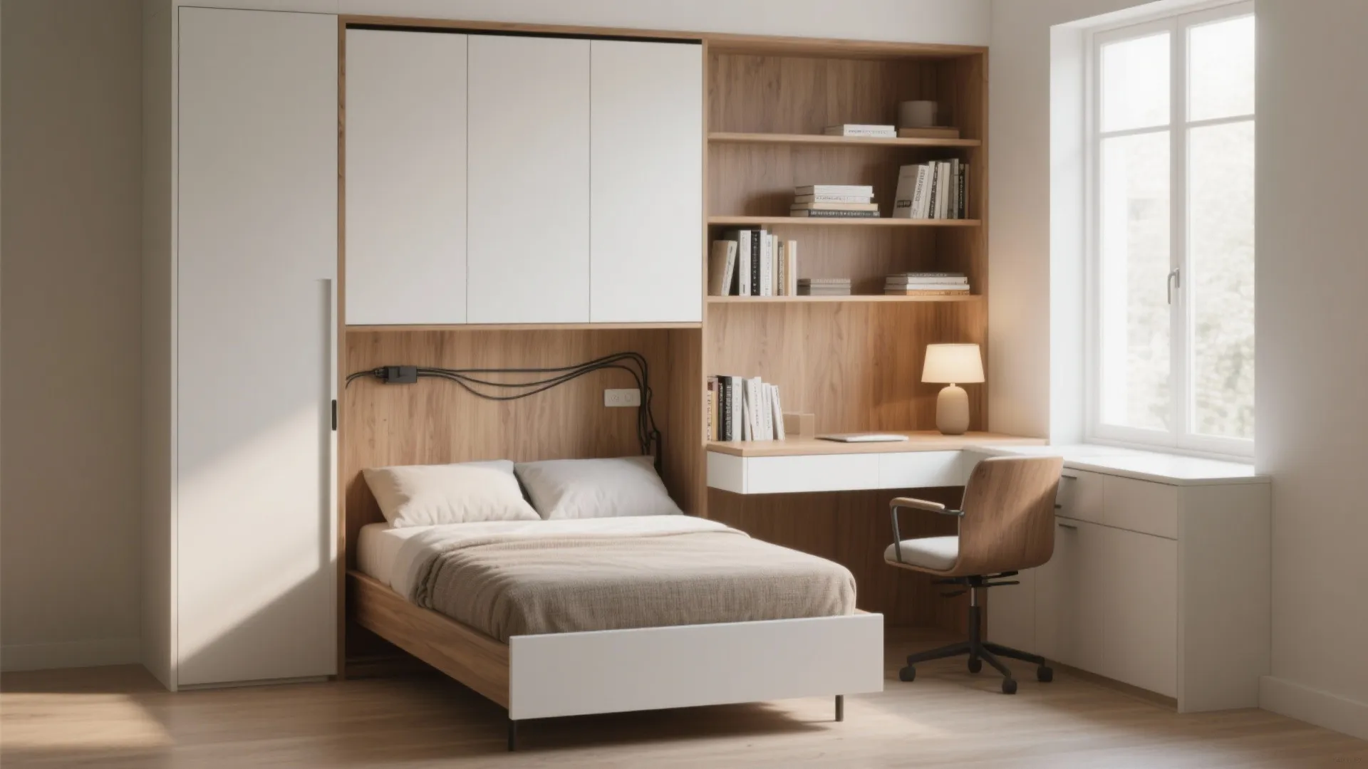 1. Fold-down Bed with Integrated Desk