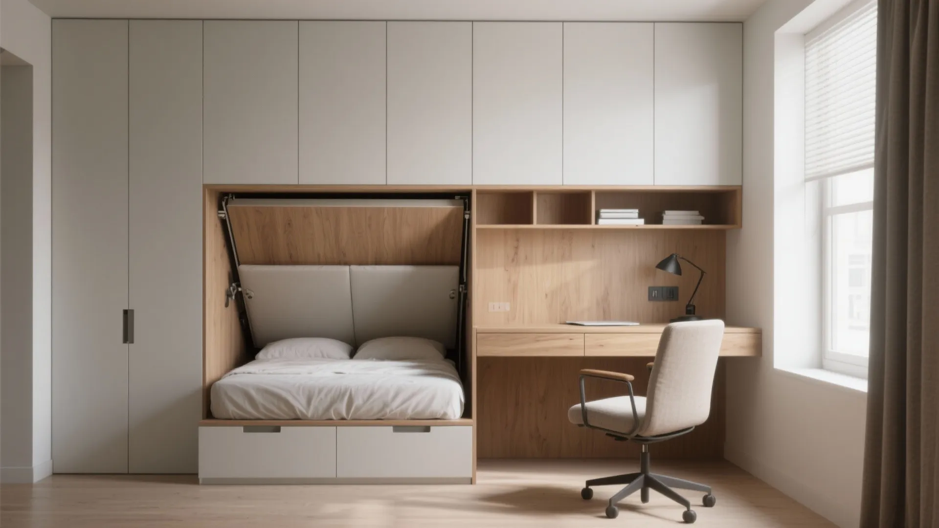 1. Fold-down Murphy bed with integrated desk