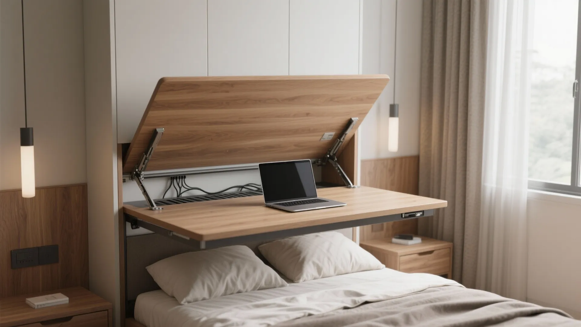 1. Fold-down Murphy bed with integrated desk