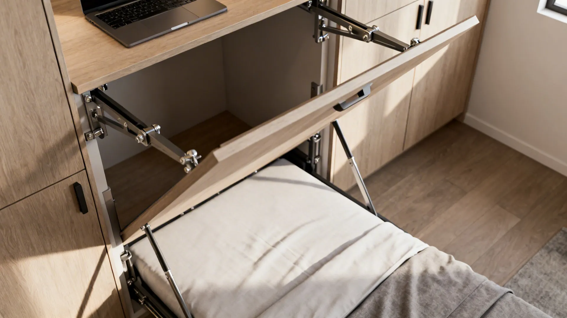 Murphy bed with a fold-up desk above, showing hardware and multi-use layout