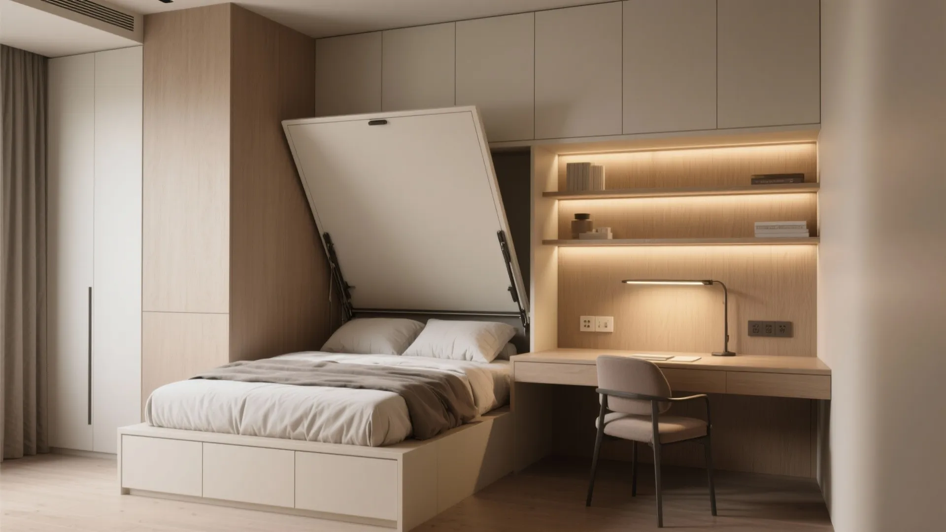 Modern room layout showing bed being folded up into wall cabinet next to study desk