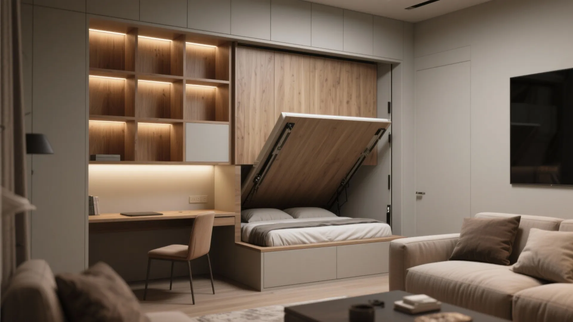 Multi functional room with a fold down bed wooden desk wall cabinet and beige sofa