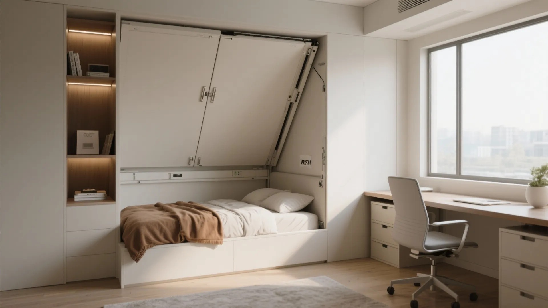 Modern white home office with a fold out wall bed next to a study desk
