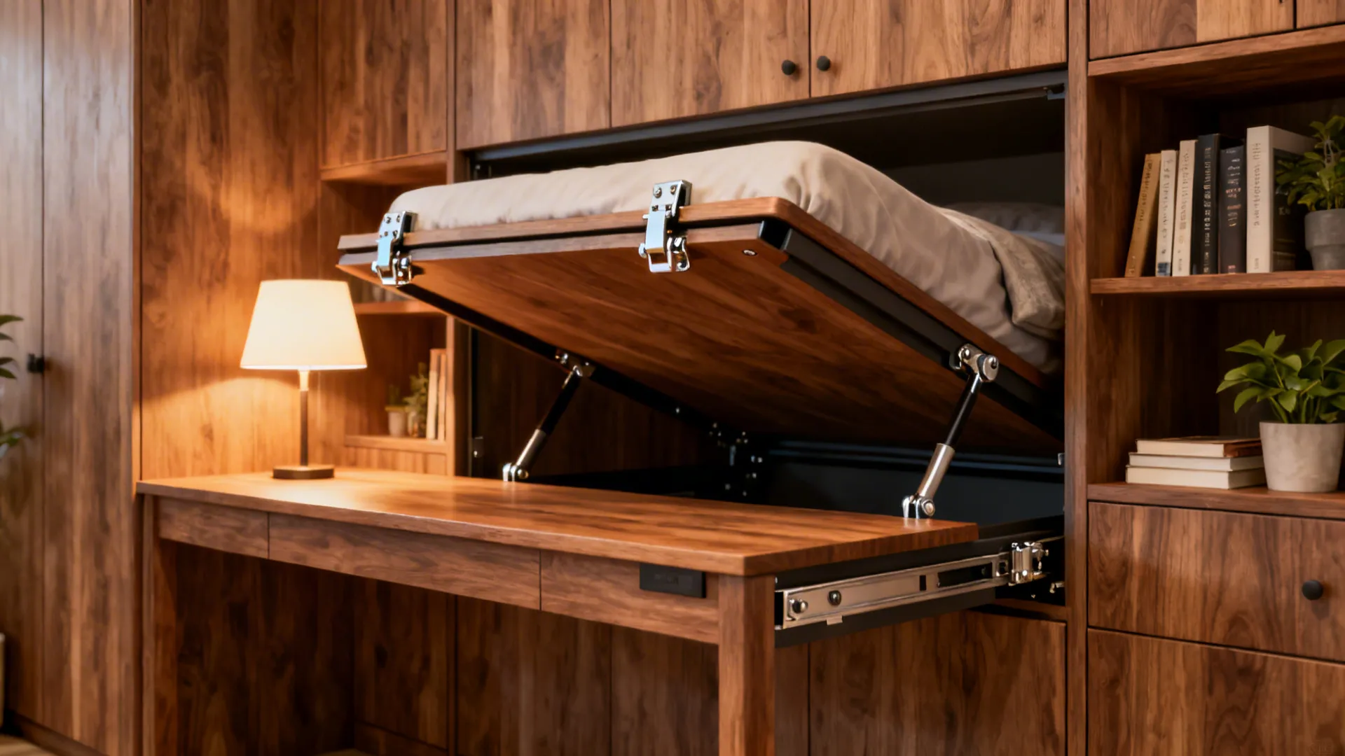 Close-up of a Murphy bed folded to reveal a built-in desk and shelving with warm wood finish.