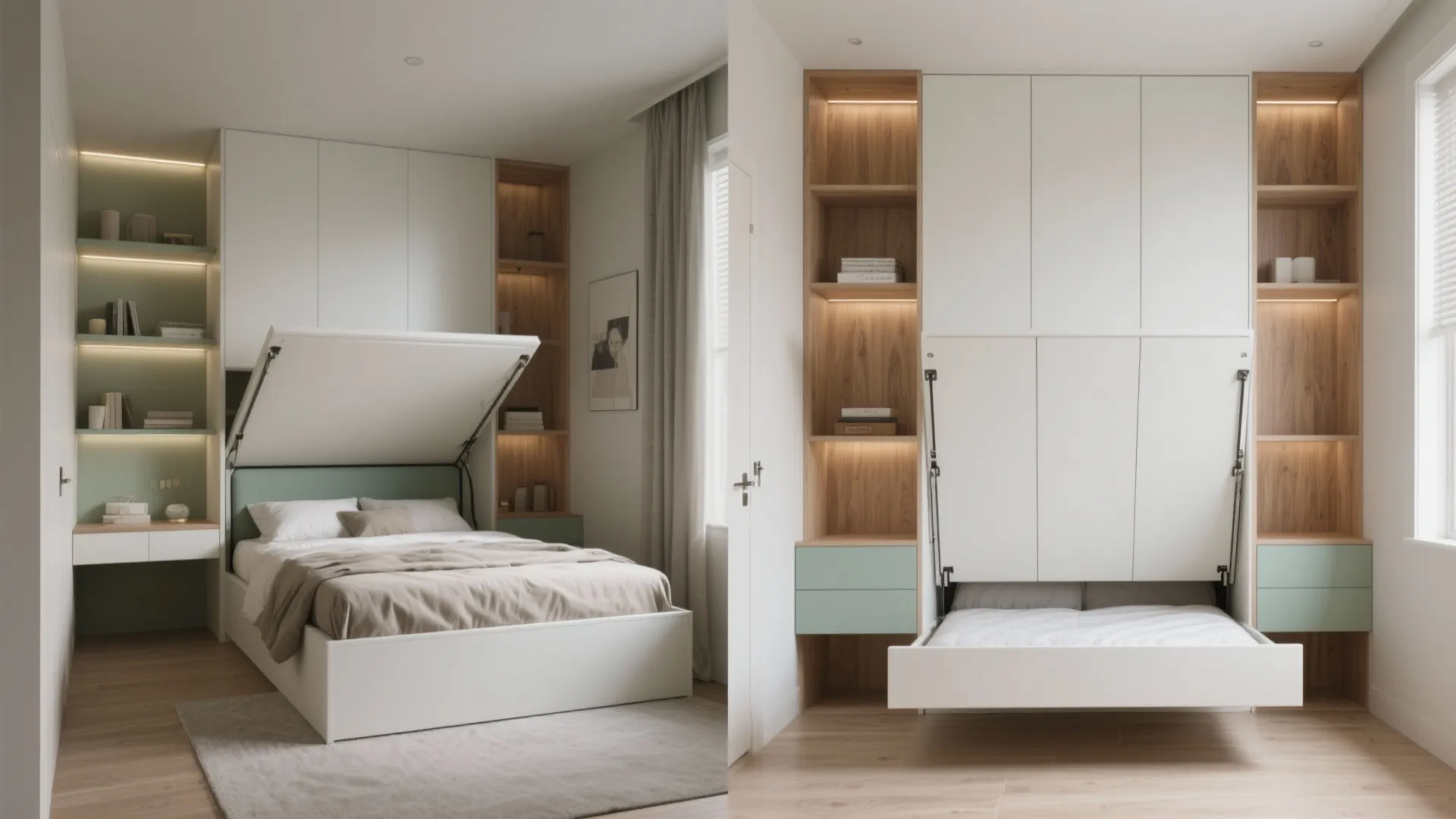 Murphy Bed Wall with Shelving and Lighting