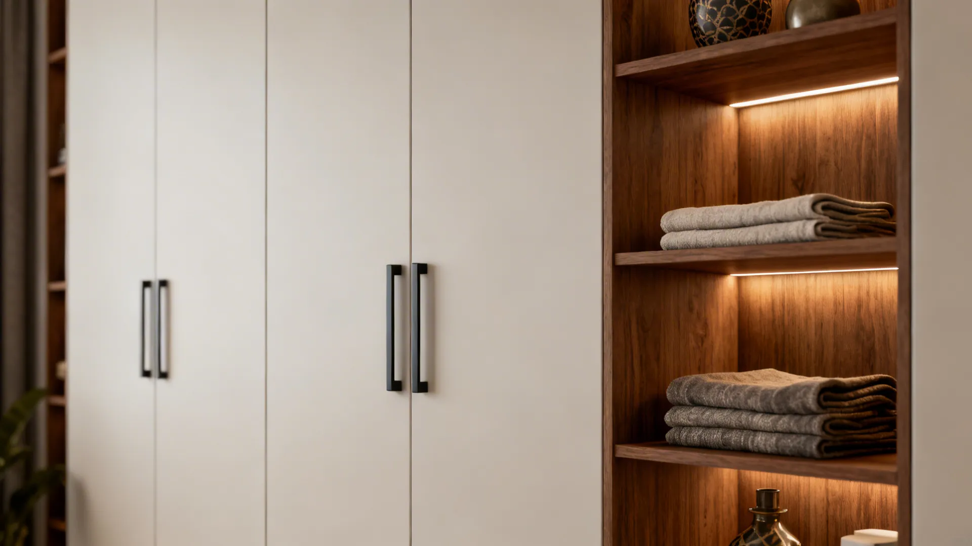 Styled Murphy bed facade integrated into matching built-in shelves with warm wood accents