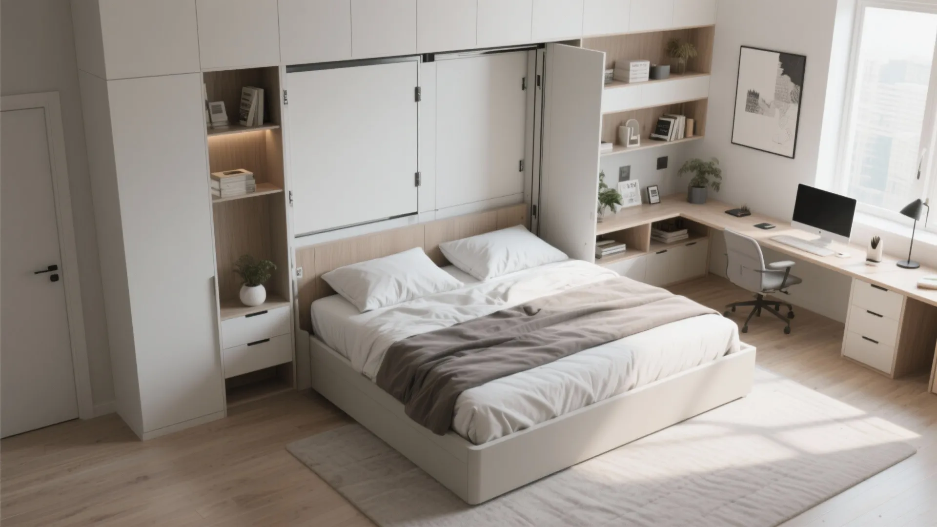 Multi-functional bedroom featuring a foldable wall bed integrated into a large white storage cabinet system
