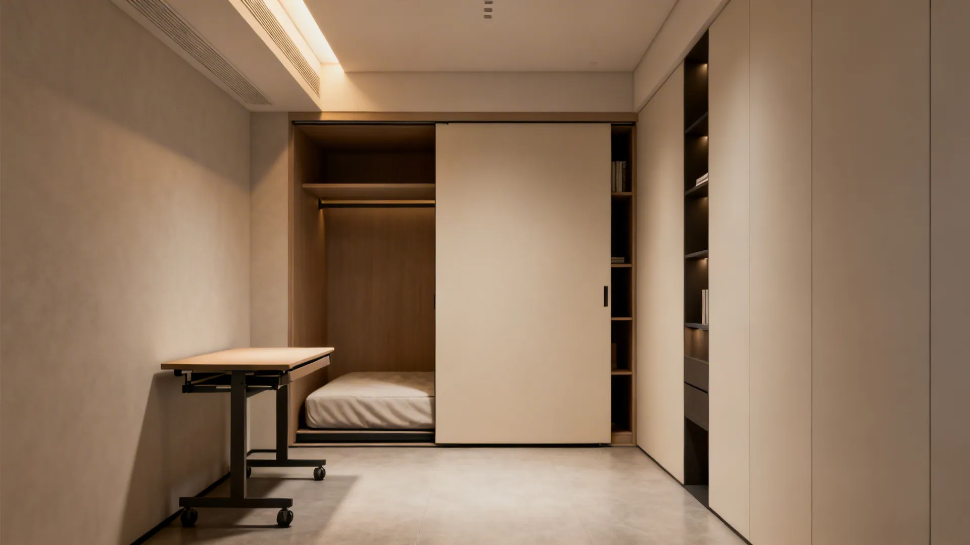 Modern small room featuring a hidden bed inside a wall cabinet and a rolling desk
