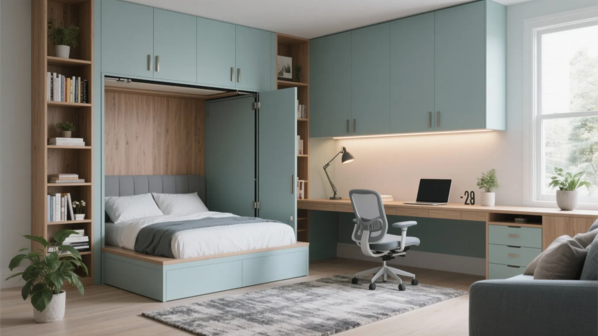 Modern home office with light blue cabinets wooden desk chair laptop and a wall bed
