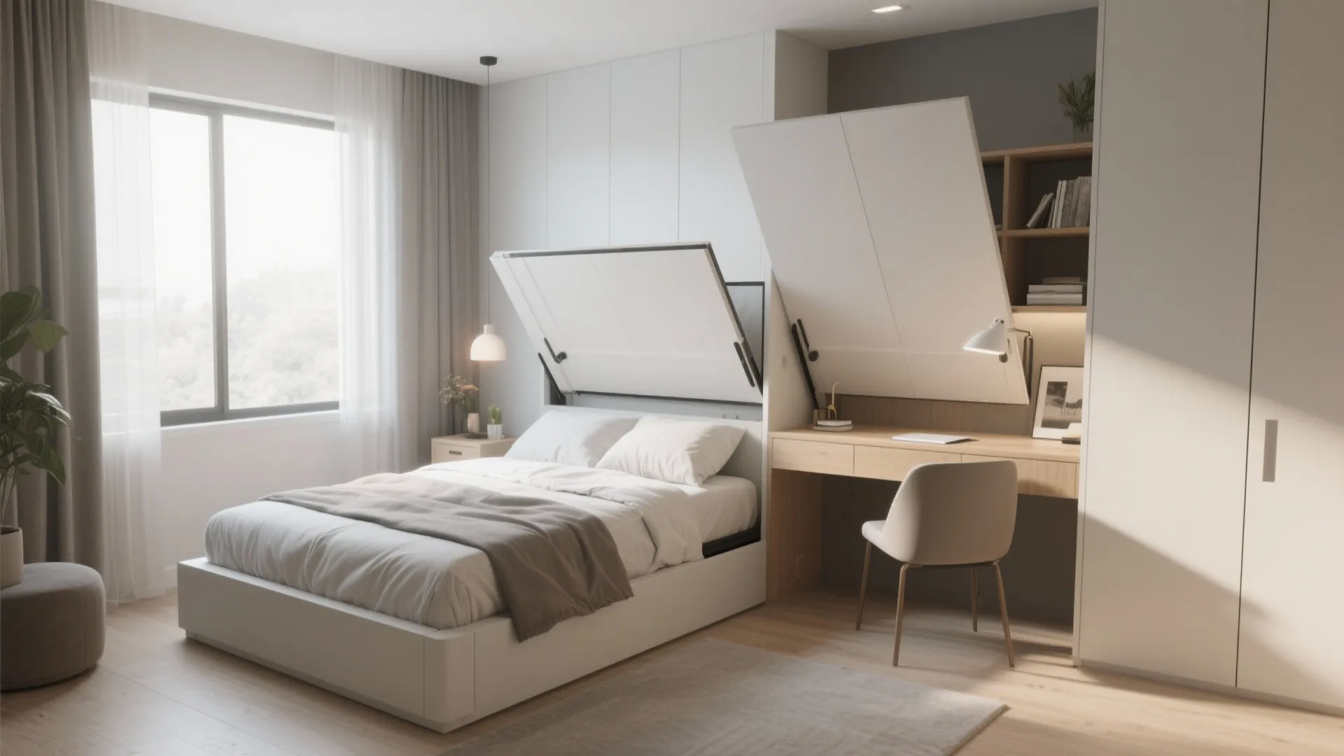 Bedroom design showing a white wall bed next to a wooden desk with a chair