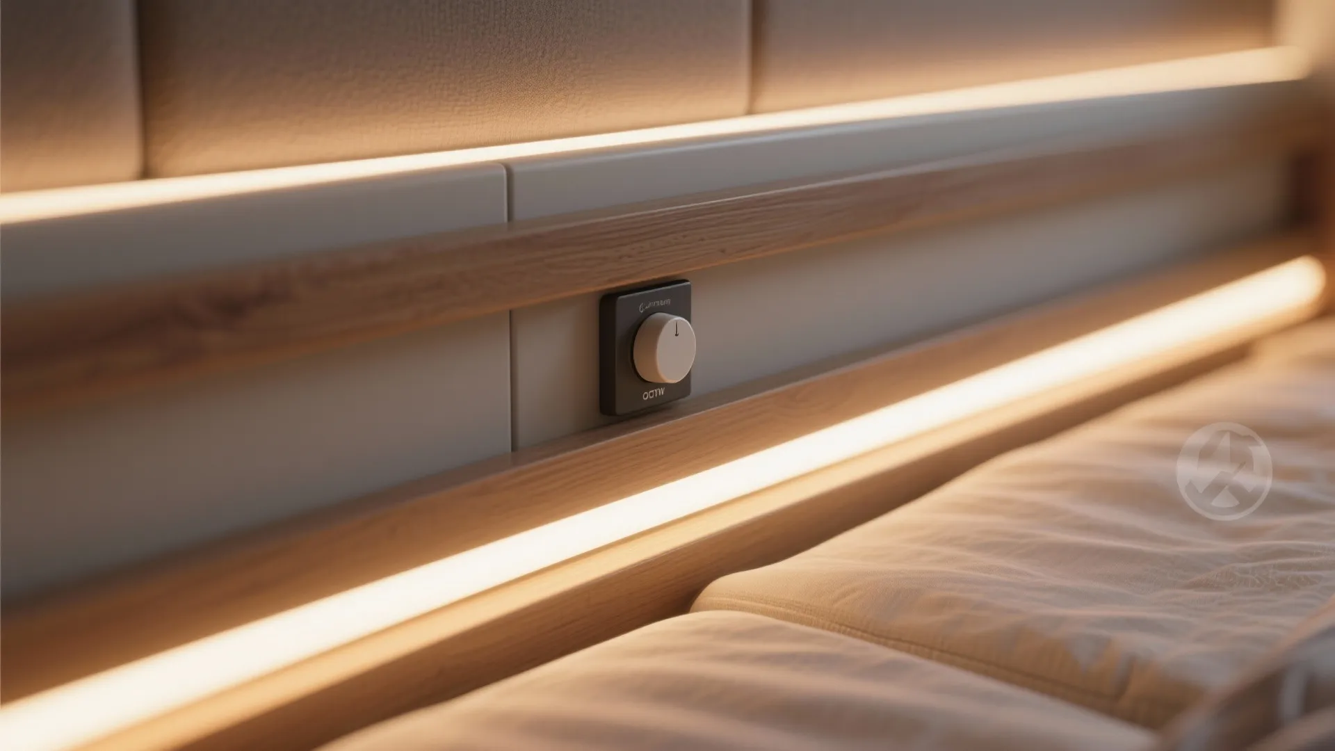 Close up of light switch on wooden headboard with bright warm integrated led light strips