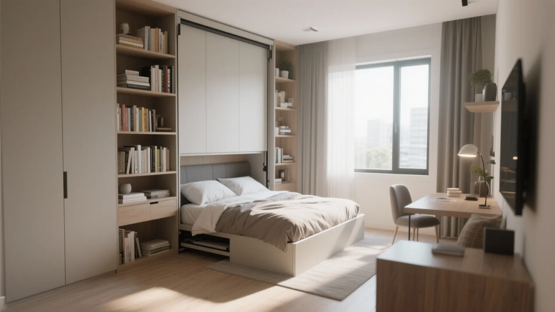 Murphy bed integrated into bookshelf in modern studio