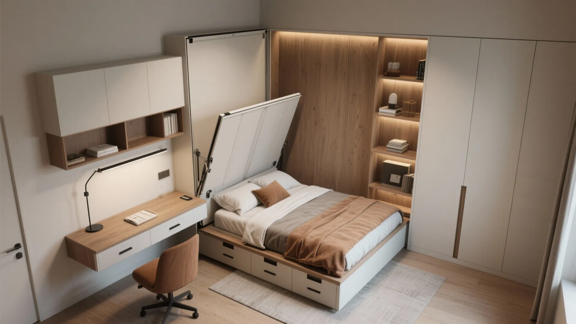 Multifunctional bedroom with a Murphy bed folded behind a slim desk and integrated storage