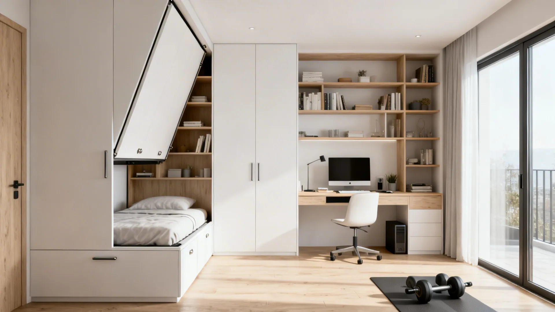 Small room showing a folded-up Murphy bed that looks like a cabinet with shelving