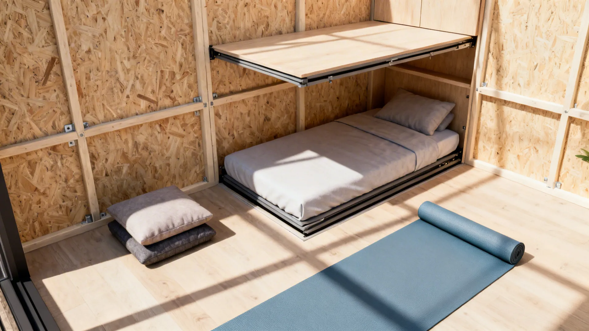 Folded-up Murphy bed creating open floor space for yoga in a tiny multi-use room