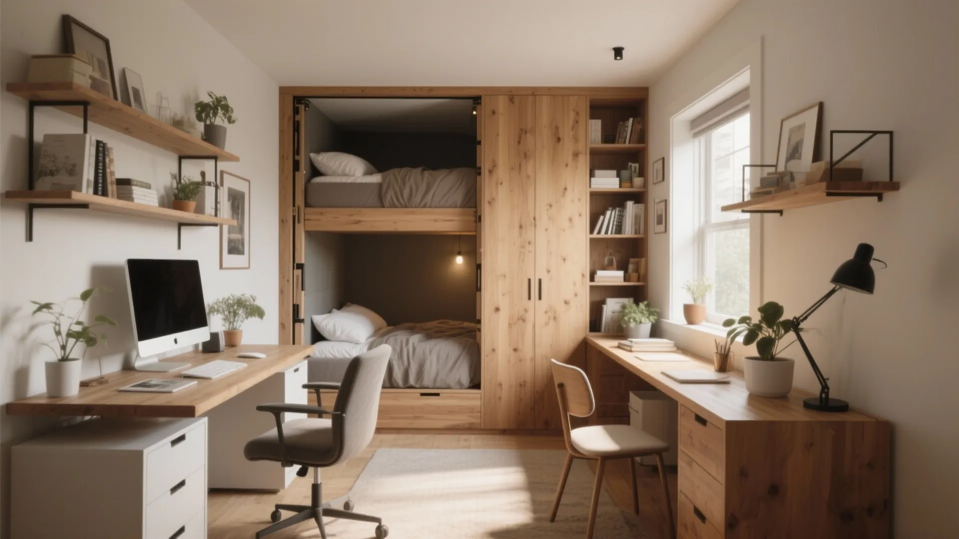 Small study room with built-in wooden bunk beds tucked into a cabinet beside two desks