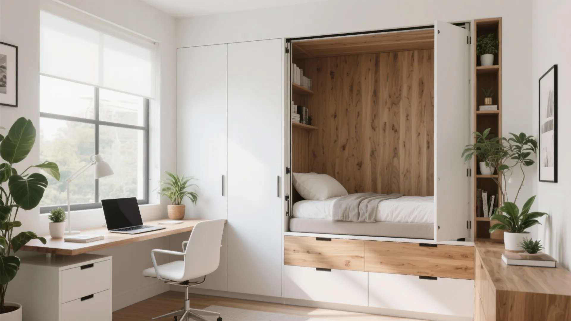 Bright home office with white cabinets containing a hidden bed wooden desk laptop and chair