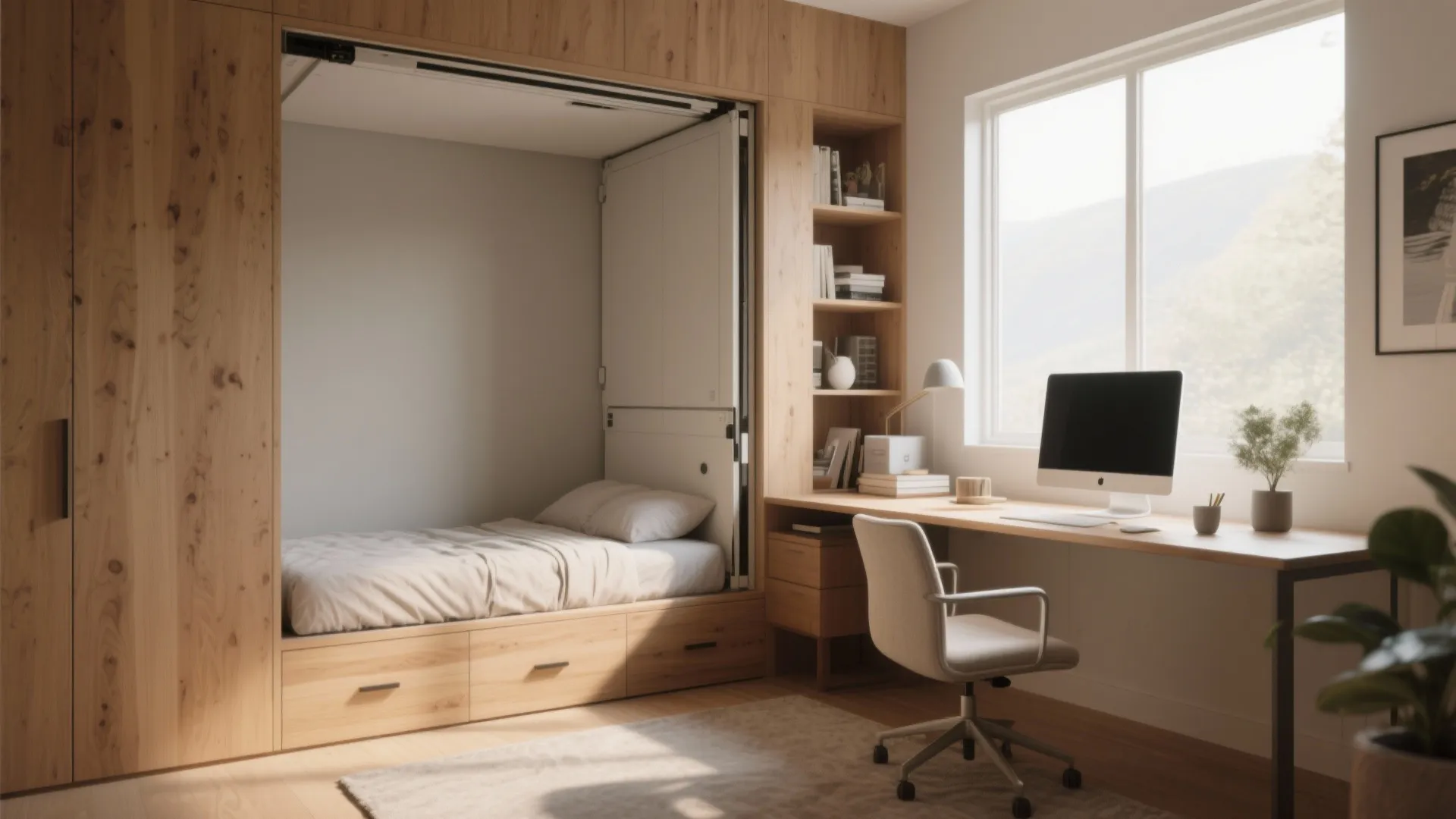 Modern home office featuring a wall bed, wooden desk, white chair, and natural window light