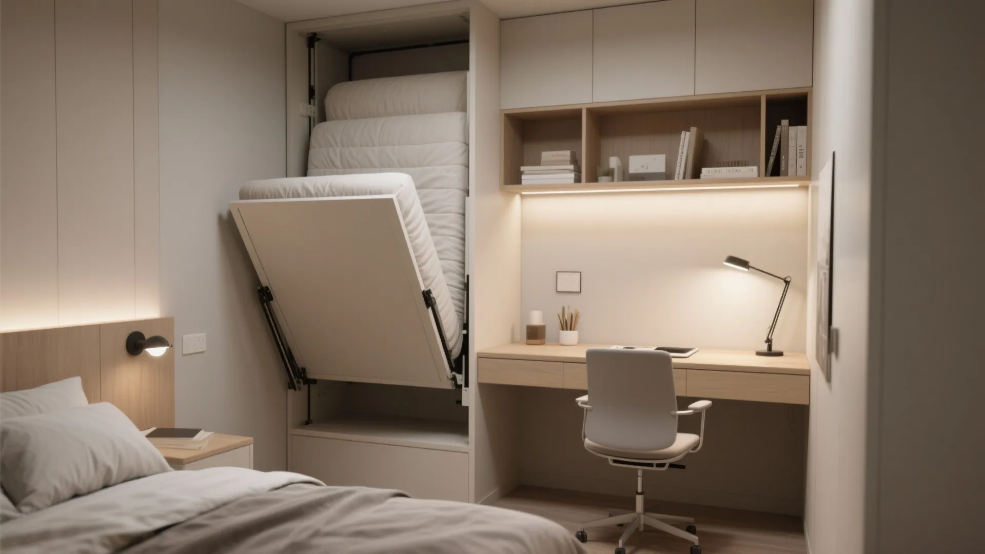 Small bedroom with wall bed folded up and fold-down desk for daytime office use