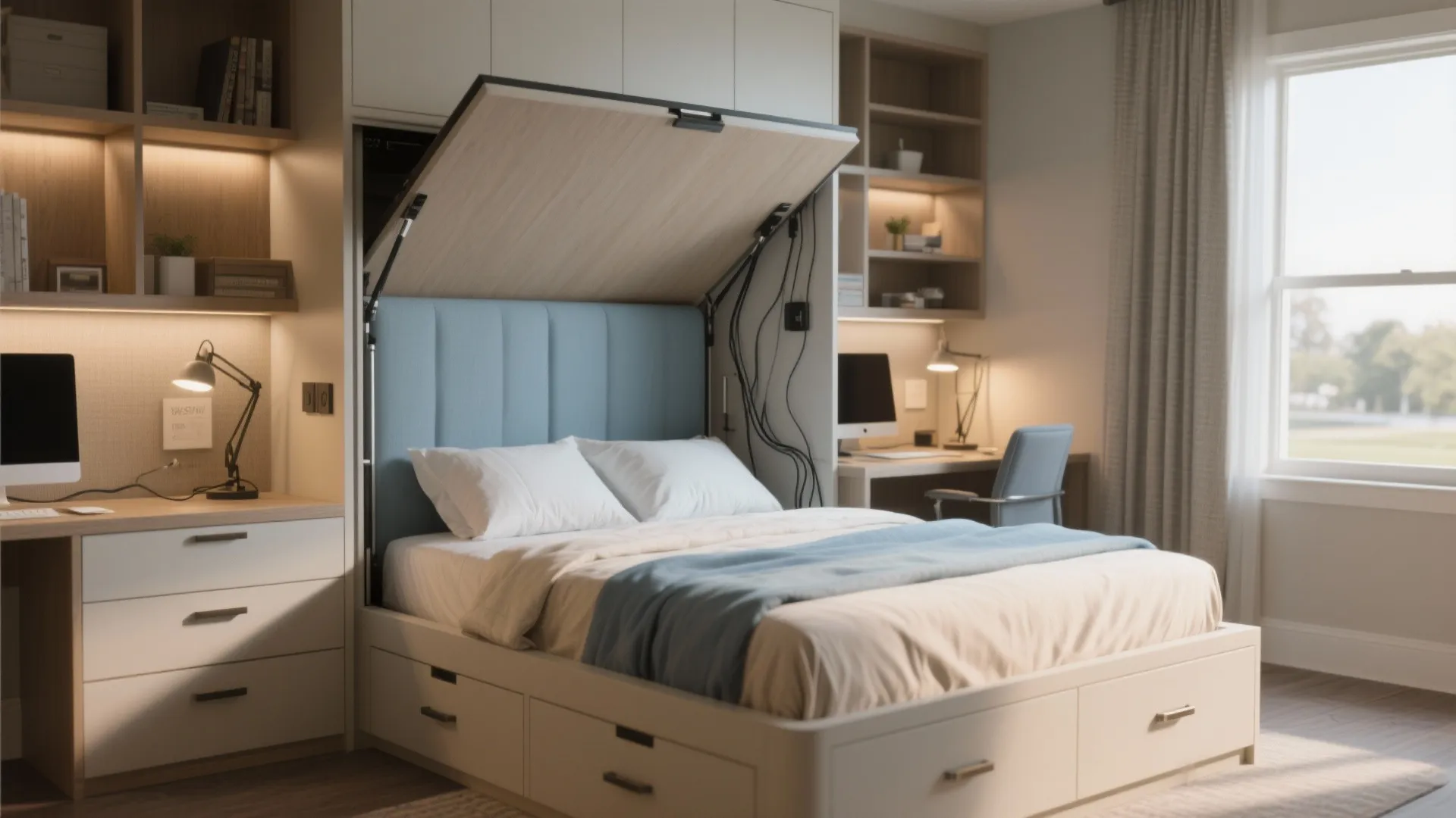 Murphy bed folded up to form a home office with integrated shelving and storage drawers