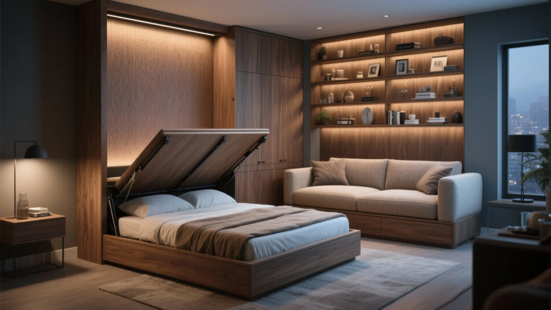 Wooden fold down bed opening in a room with beige sofa and lit book shelves
