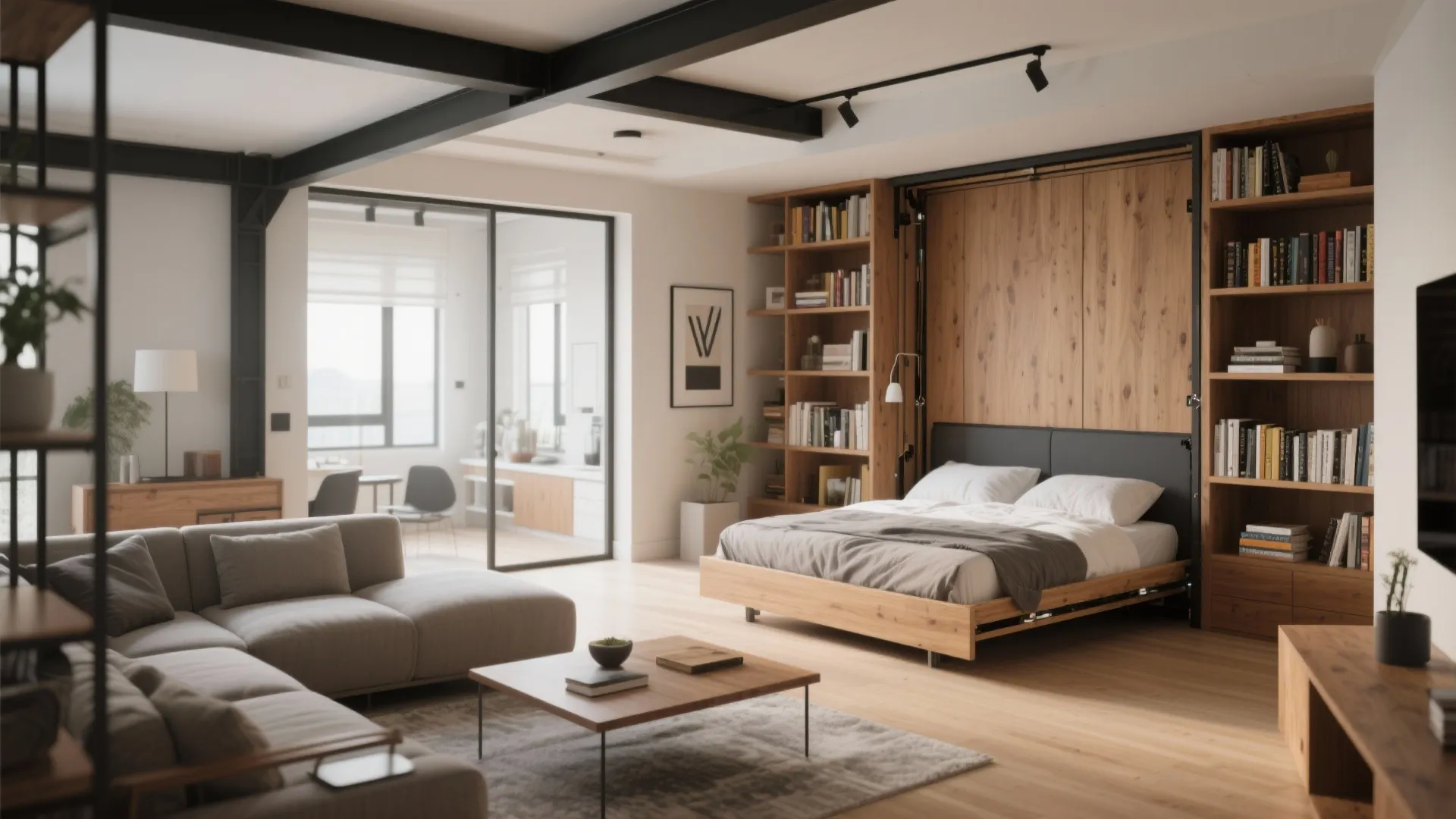 Loft-style living room with Murphy bed and bookshelf combo