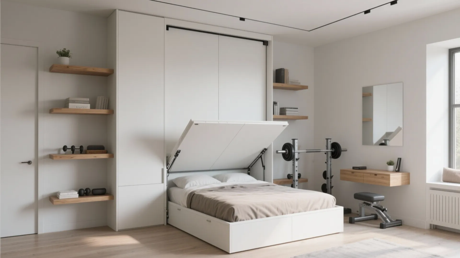 Modern white murphy bed with wooden shelves and gym equipment in a bright home gym