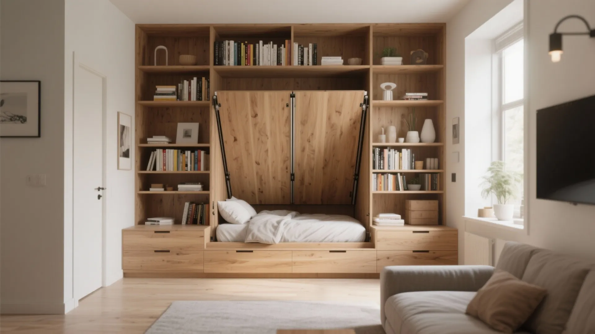 Small room interior design drawing with a wooden wall bed integrated into a large storage cabinet