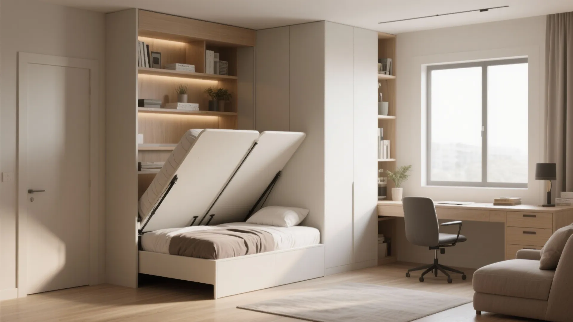 White pull-down bed opening from a wall cabinet unit with wooden shelves and office desk