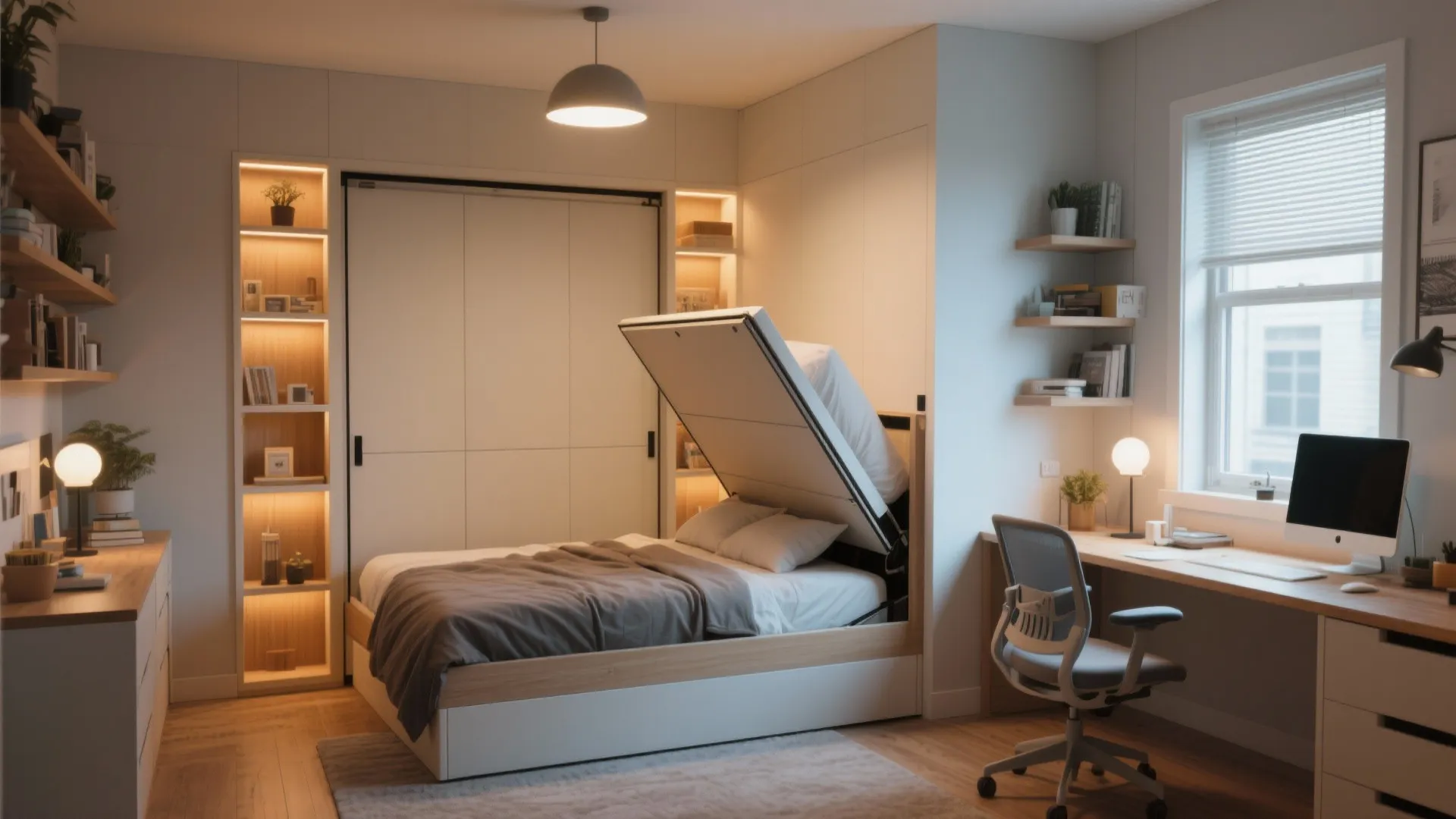 Compact room with Murphy bed and built-in wall shelves