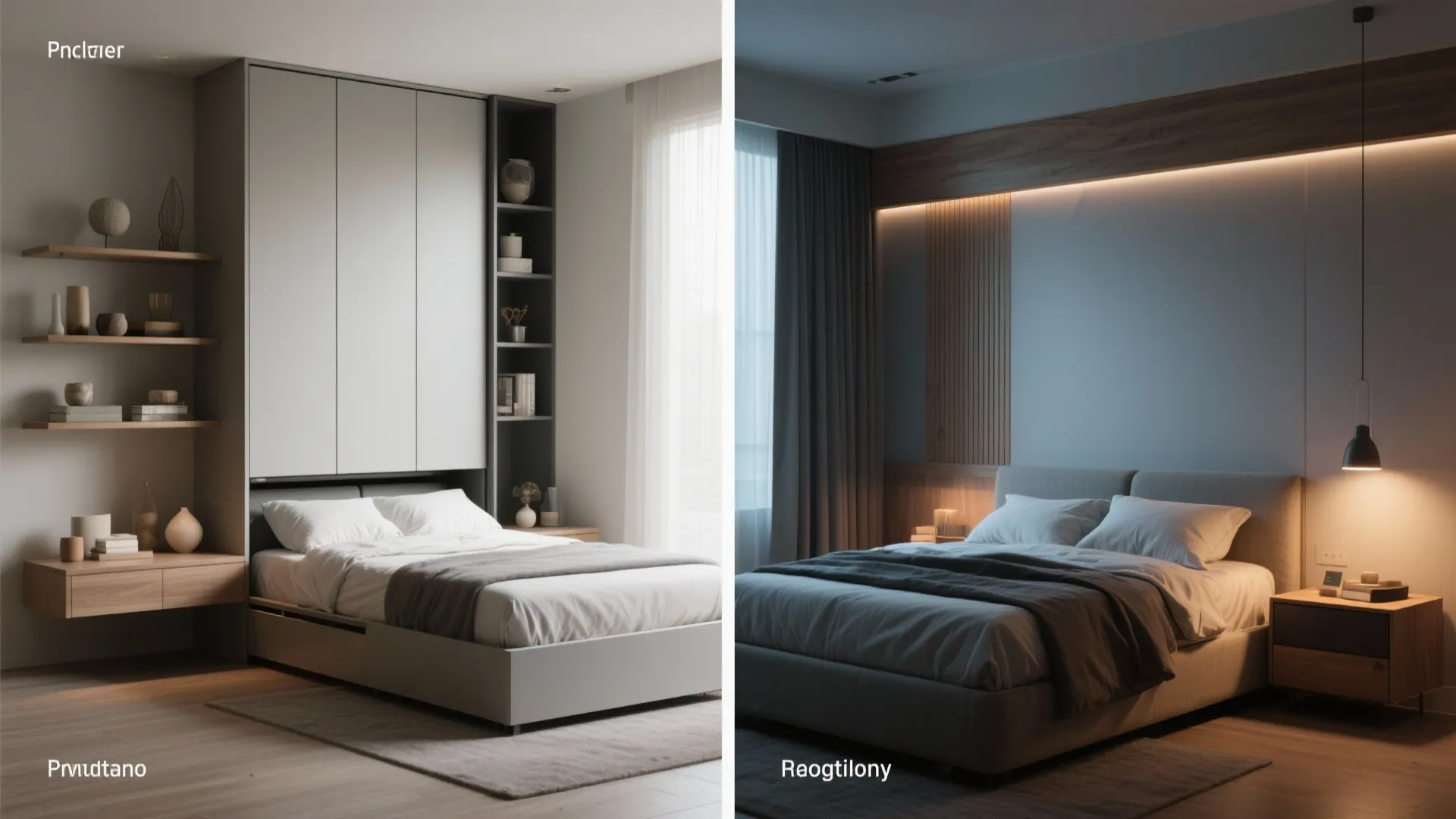 Before-and-after comparison showing a bed folded into a wall cabinet versus a standard bed setup
