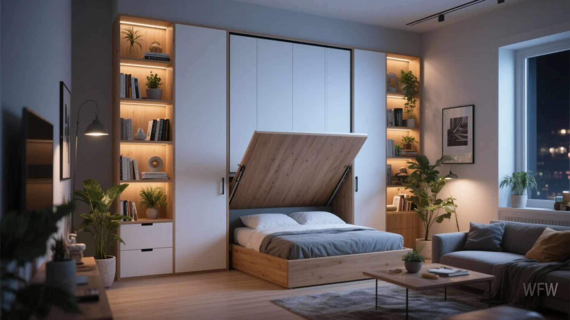 2. Fold-down (Murphy) bed with shelving