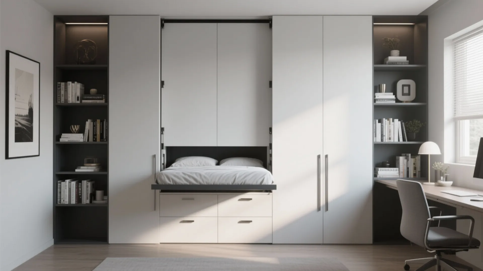 2. Built-in Murphy Bed with Shelving Flanks
