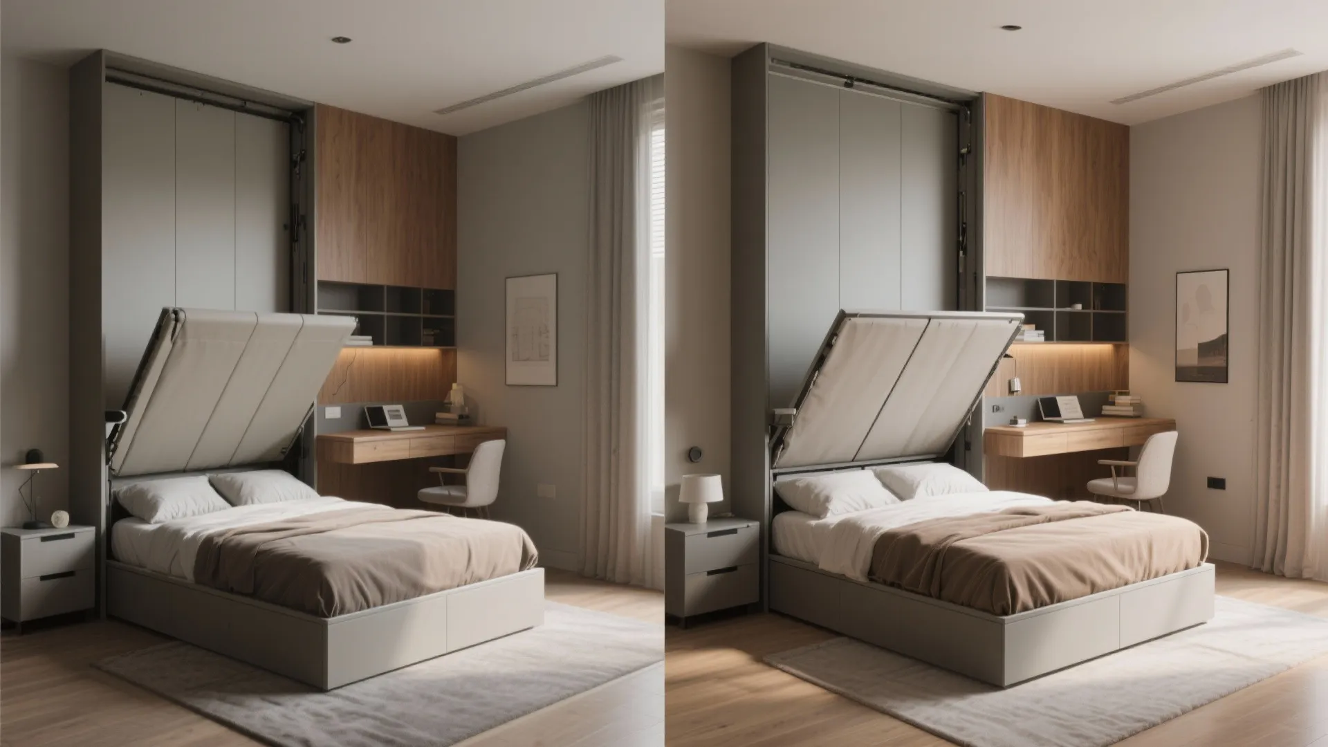 Modern bedroom with a folding wall bed and wooden desk and grey chair and carpet
