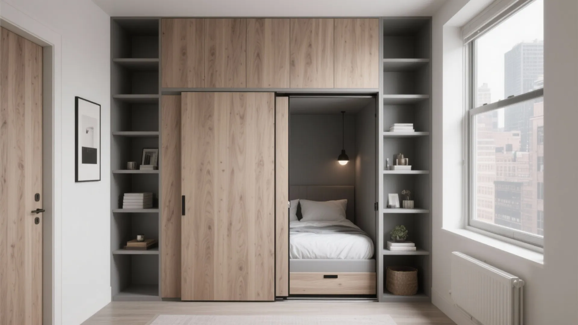 Small room layout with a hidden bed inside wooden wall cabinets and grey open storage shelves