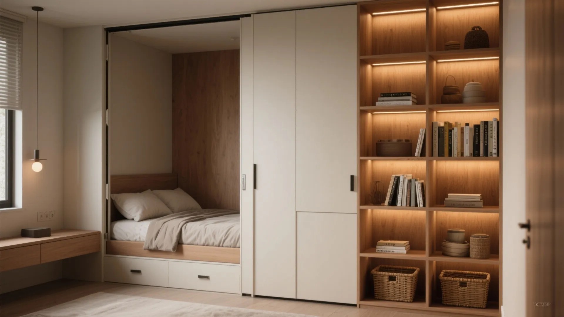 Modern wall unit with a hidden bed white storage cabinets and a wooden shelf lighting