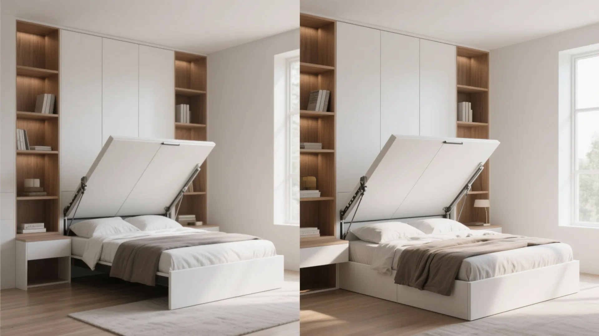 Modern white murphy bed with storage cabinets being pulled down in a bright wooden bedroom