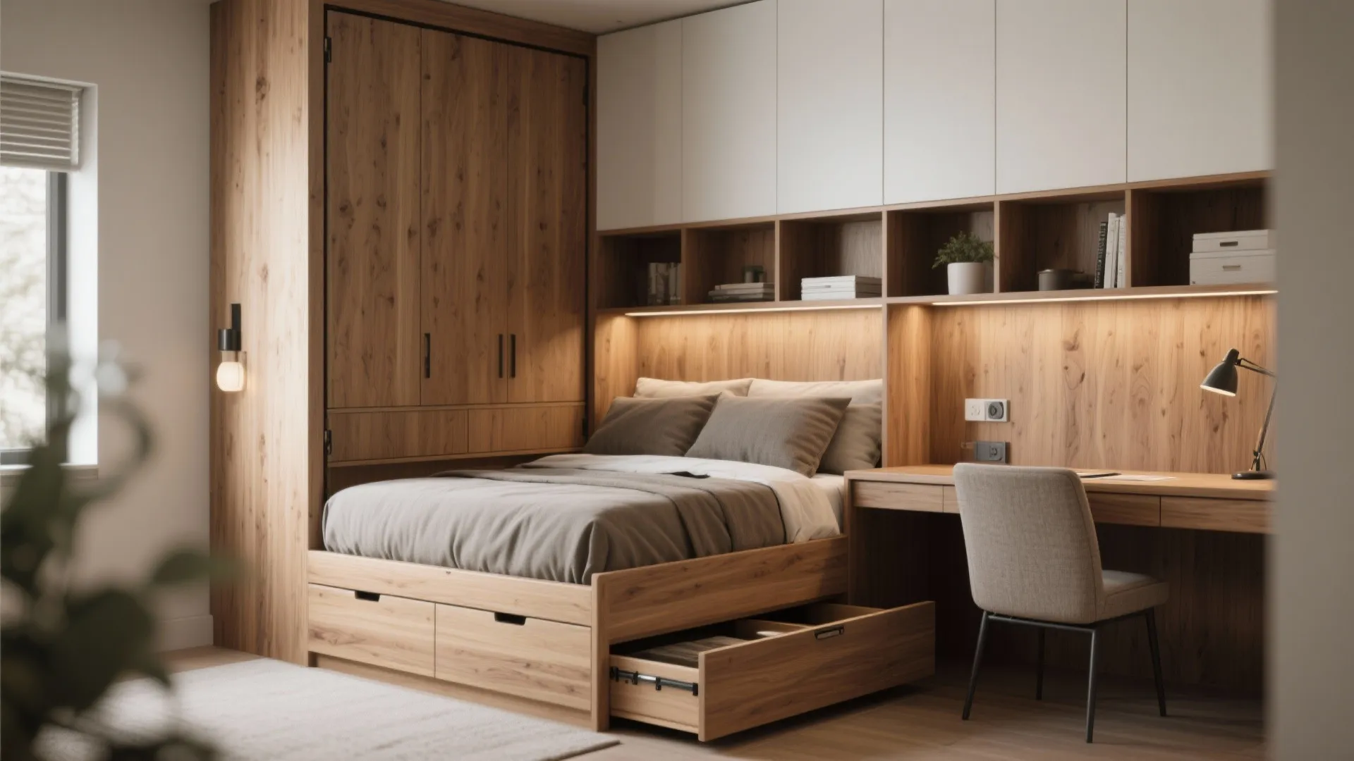 Multi-use bedroom with Murphy bed, built-in storage drawers and fold-away desk.