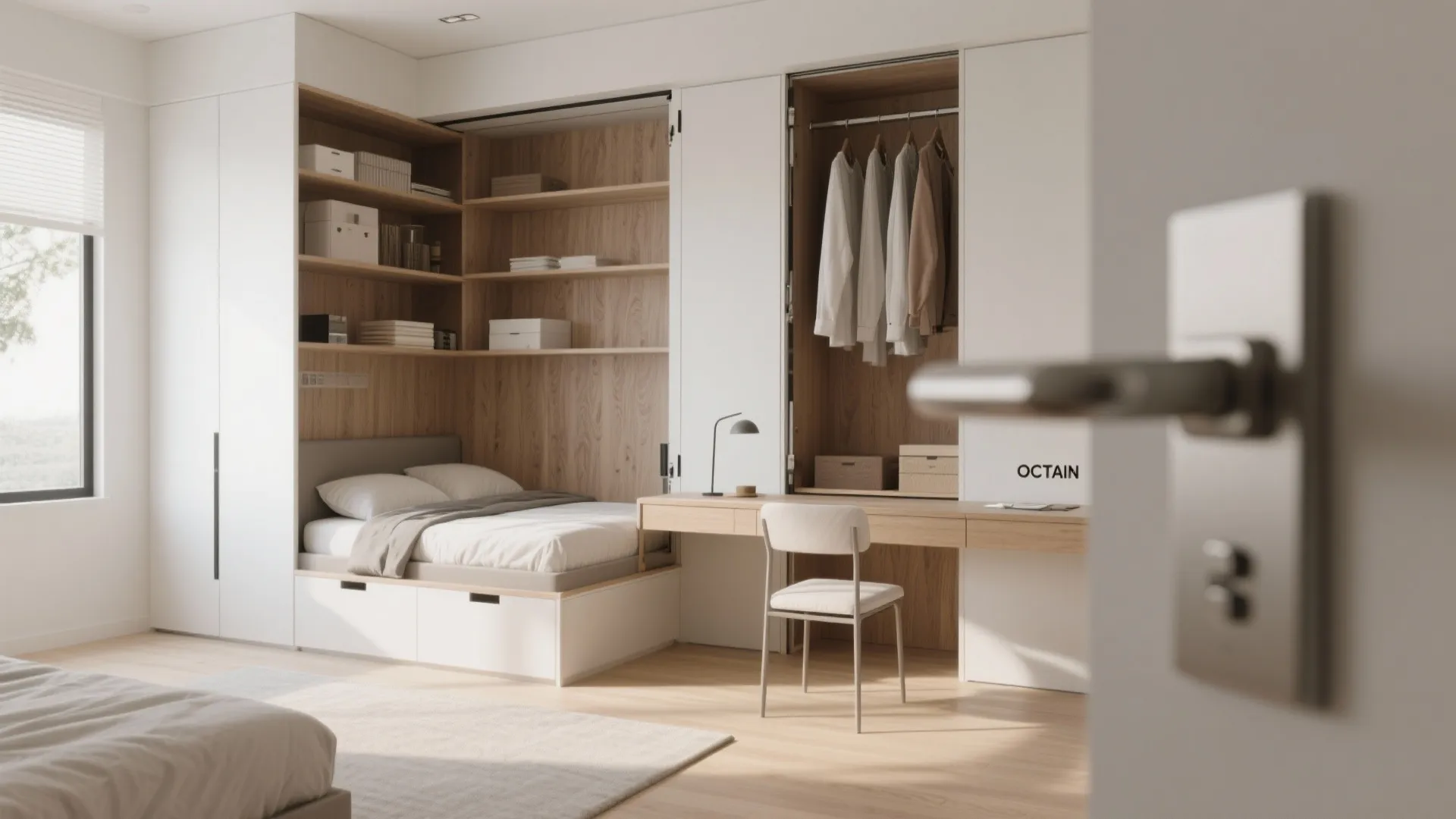 Modern white wall cabinet system including built-in bed wooden desk storage shelves and clothes closet