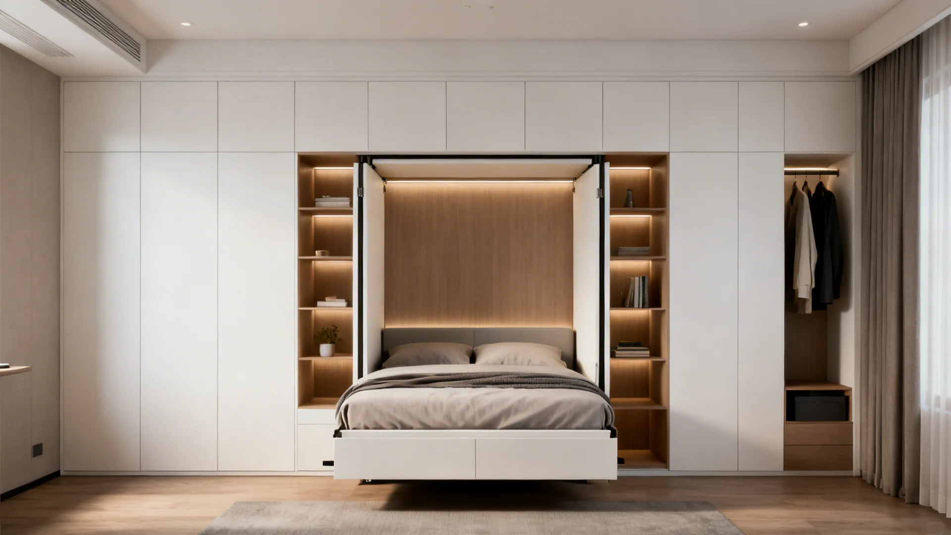 Murphy bed folded into a storage wall with shelving and wardrobe in a small room.