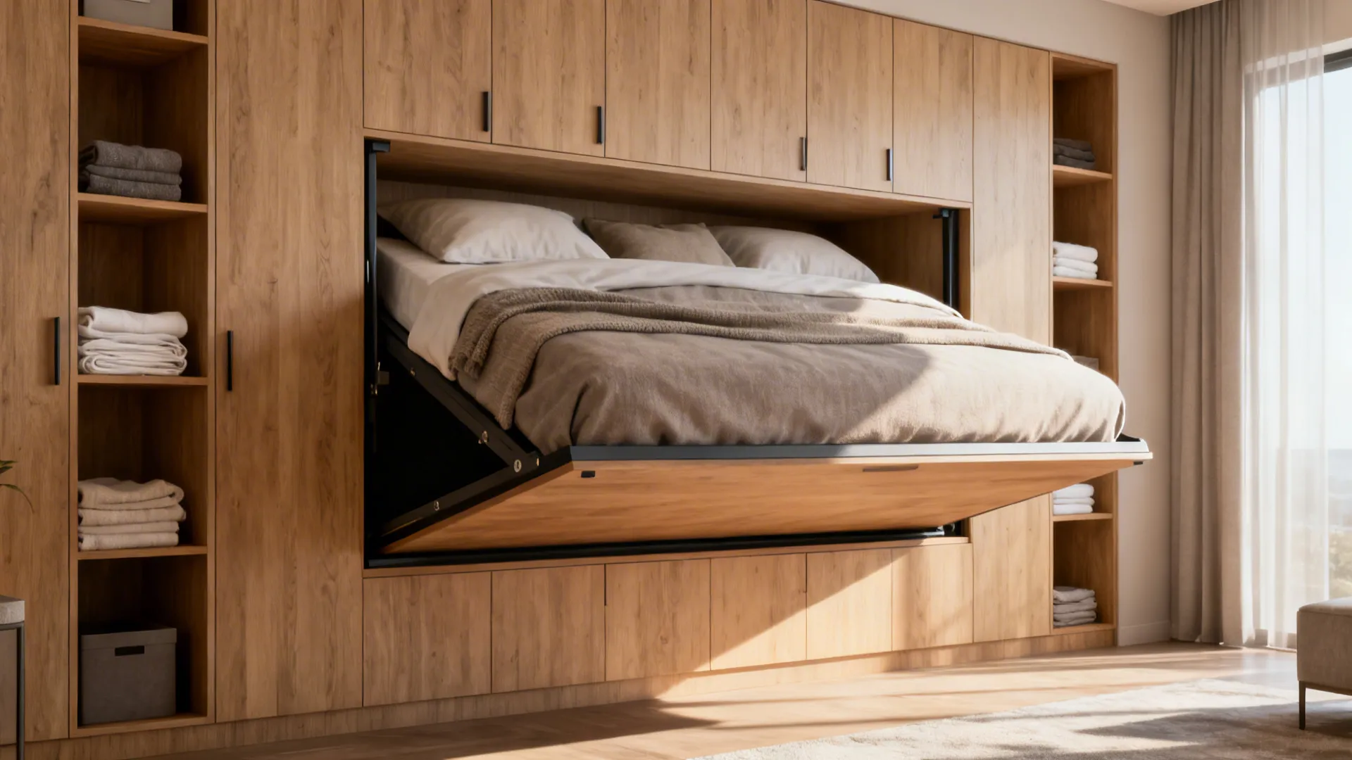 Fold-down Murphy bed integrated into a storage wall with shelves for linens