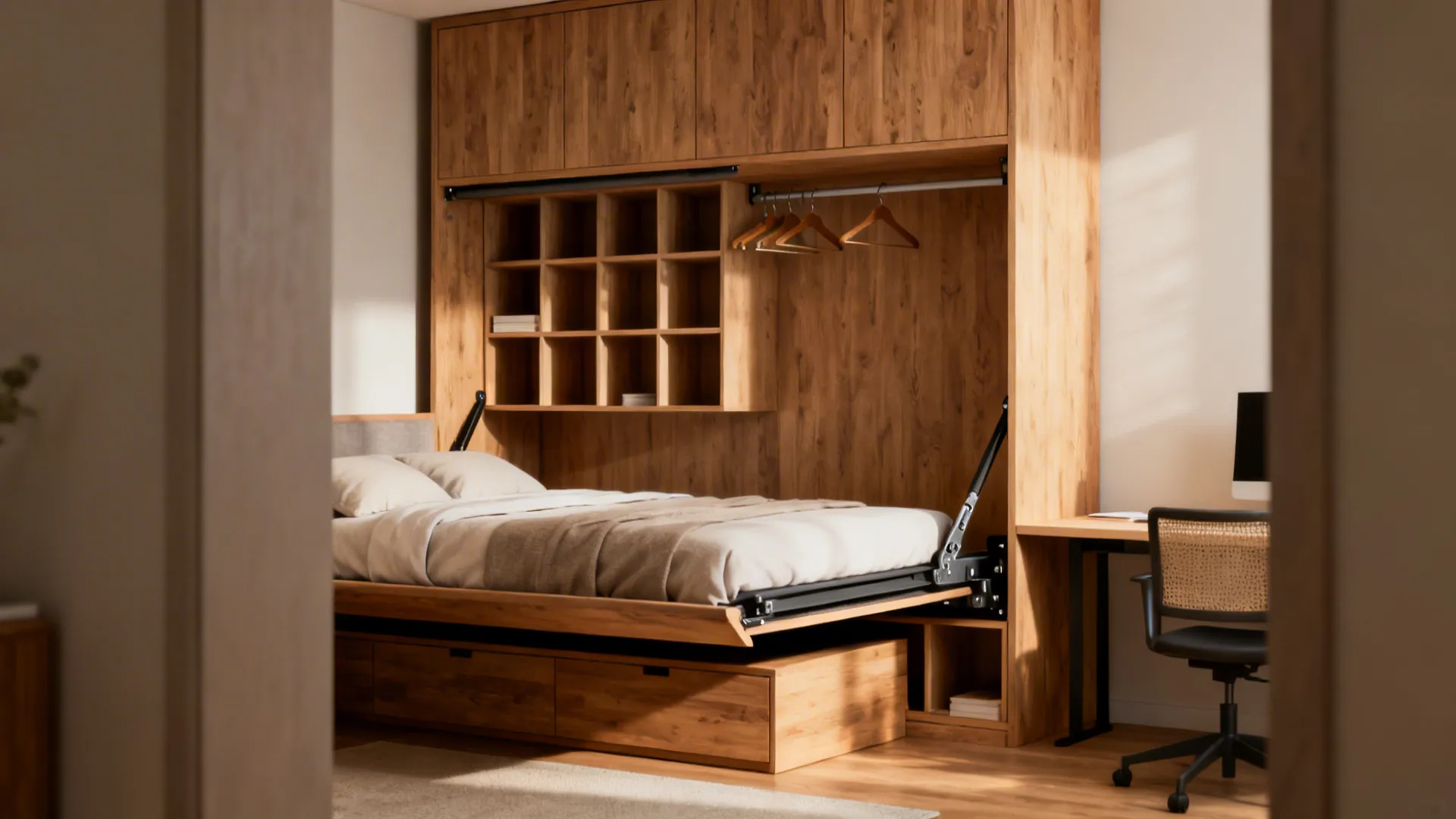 Guest room with Murphy bed folded up to reveal integrated shelving and hanging cubbies beside a home office setup.