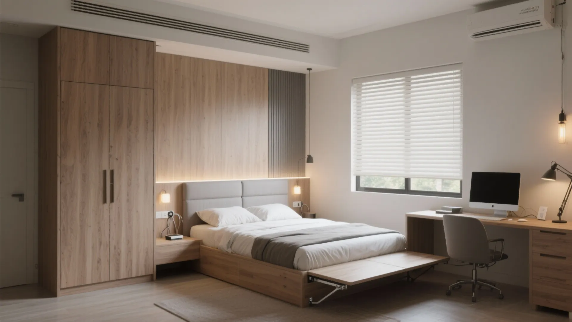 Modern studio bedroom with wood wardrobe double bed desk computer wall light and window blinds